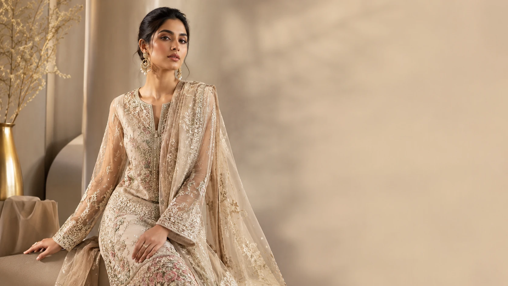 A model in a champagne and blush net outfit with fine embroidery and a matching dupatta, from Khaadi.