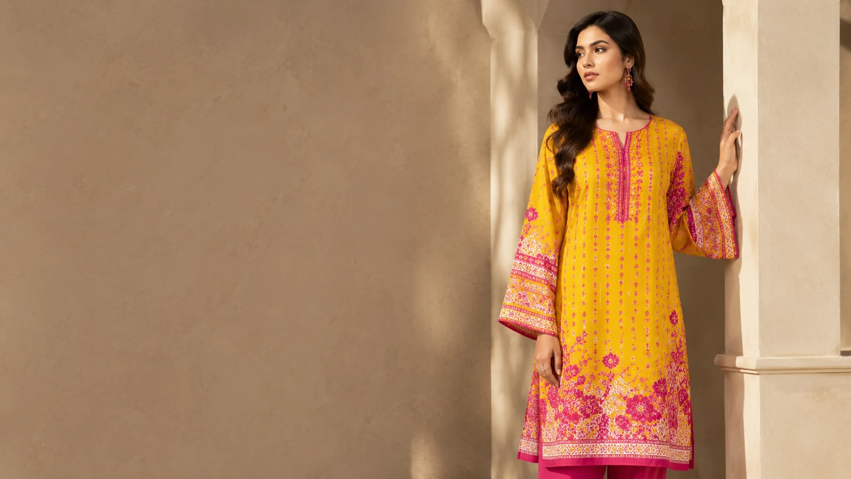 A model in a marigold yellow printed lawn kurta with fuchsia borders, from Limelight.