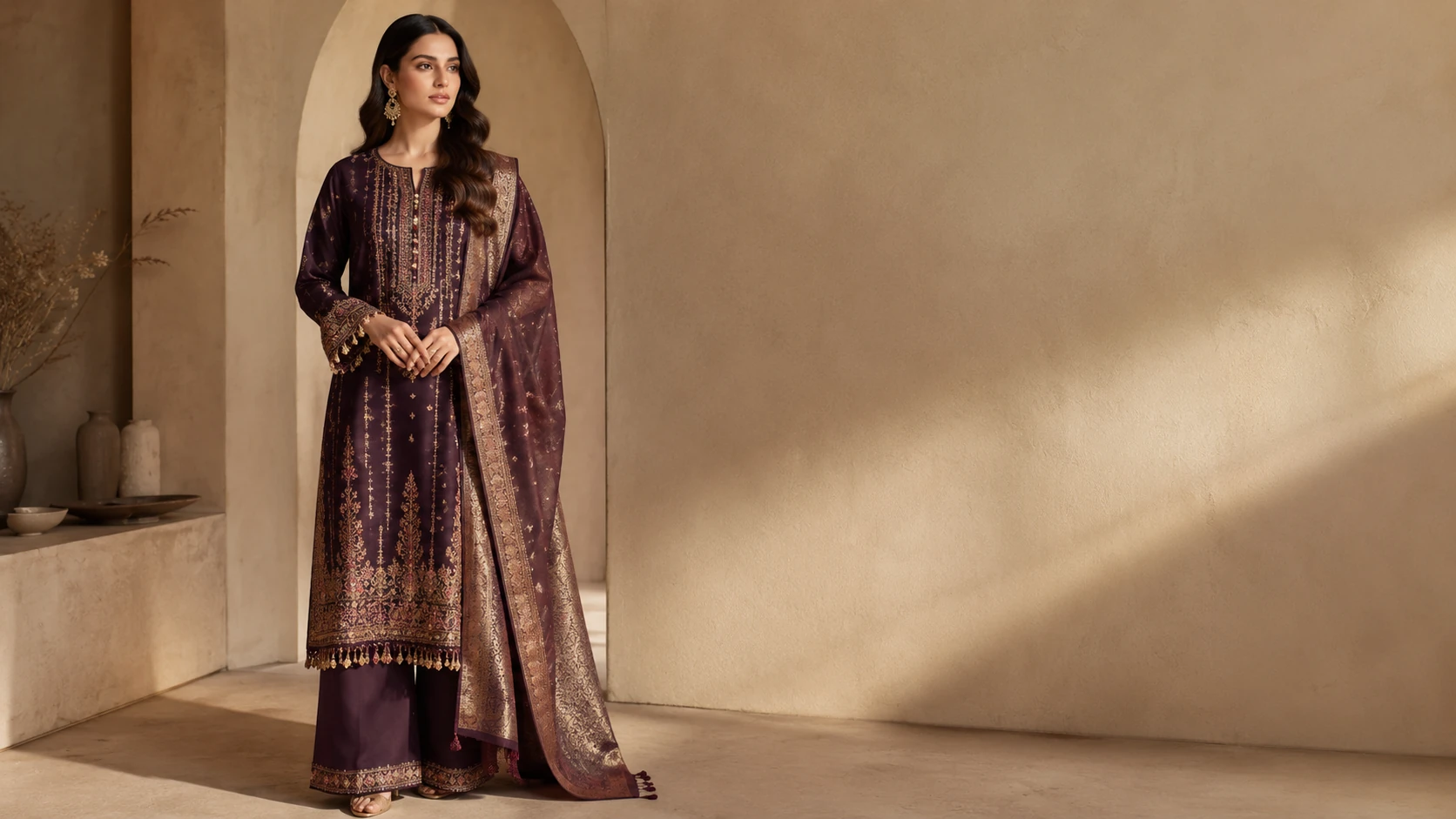 A model in a deep plum jacquard kameez with a woven gold Banarsi dupatta, from Nishat Linen.