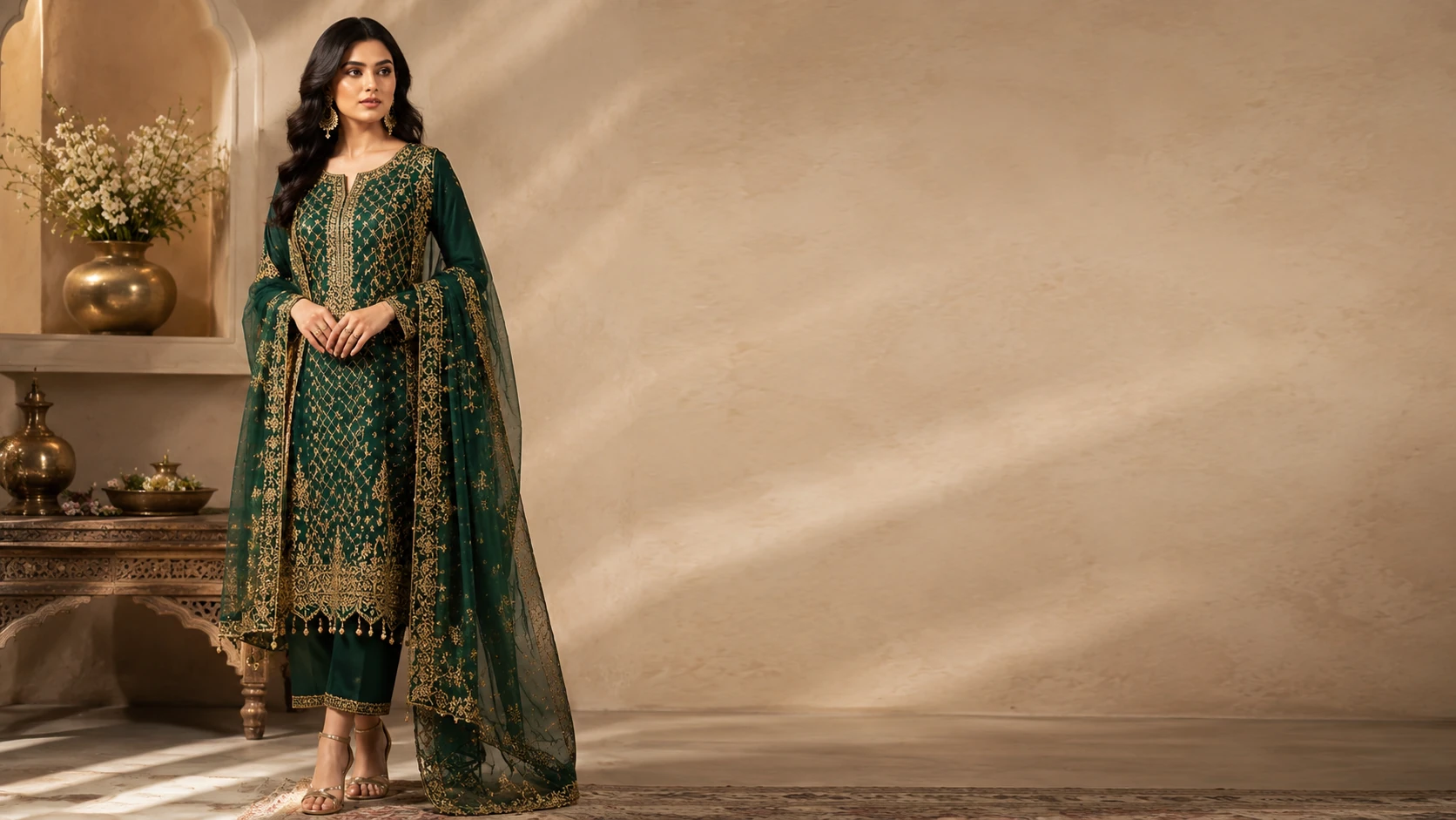 A model in a bottle green embroidered kameez and trousers with a net dupatta, from Sapphire.